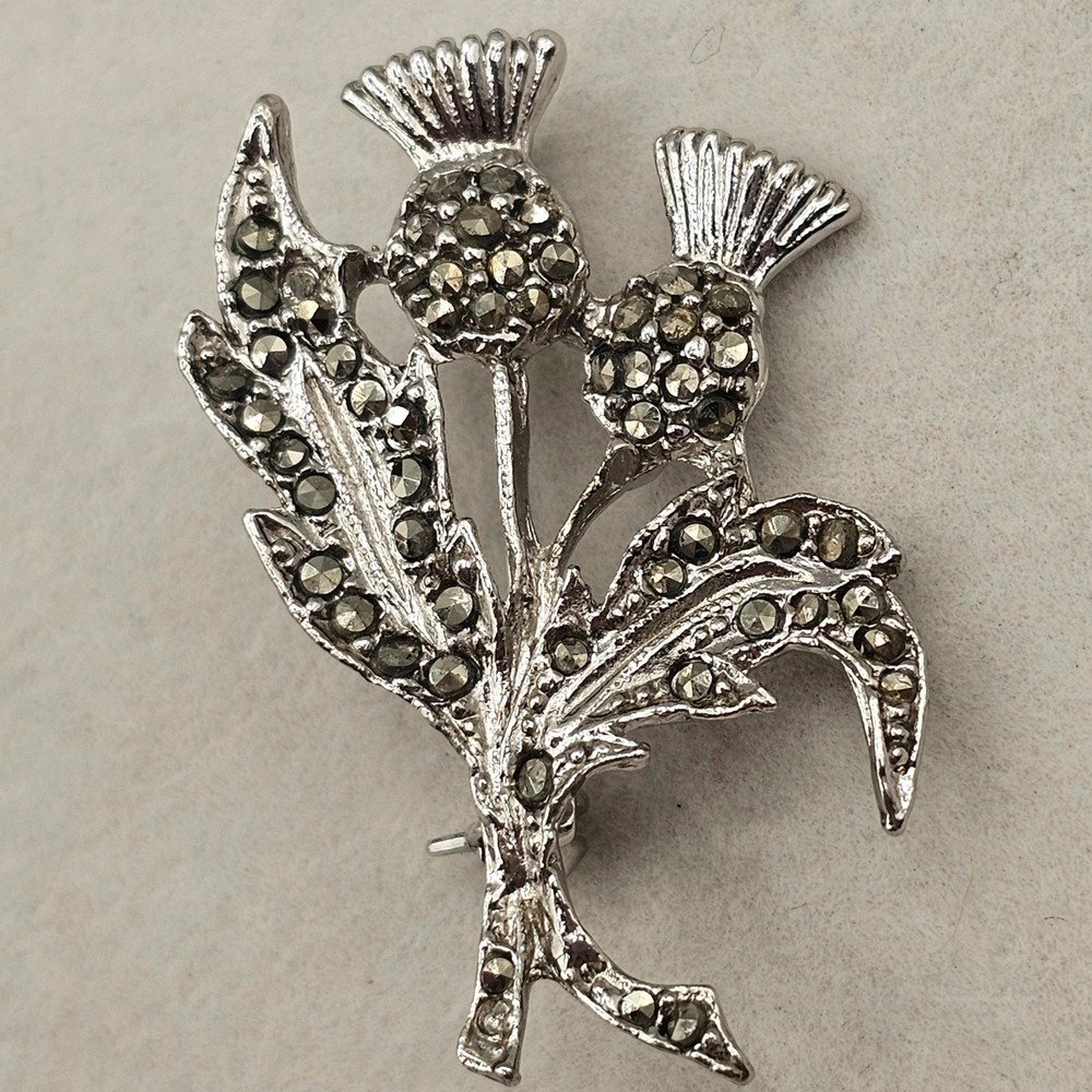 Scottish Double Thistle Brooch Silver Tone Celtic Marcasite Style Floral Pin